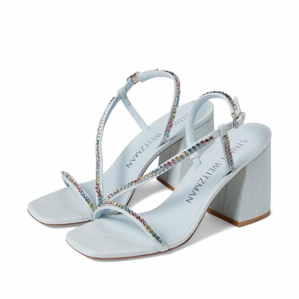 Stuart Weitzman Denim Crystal Strap Block Heel Sandals